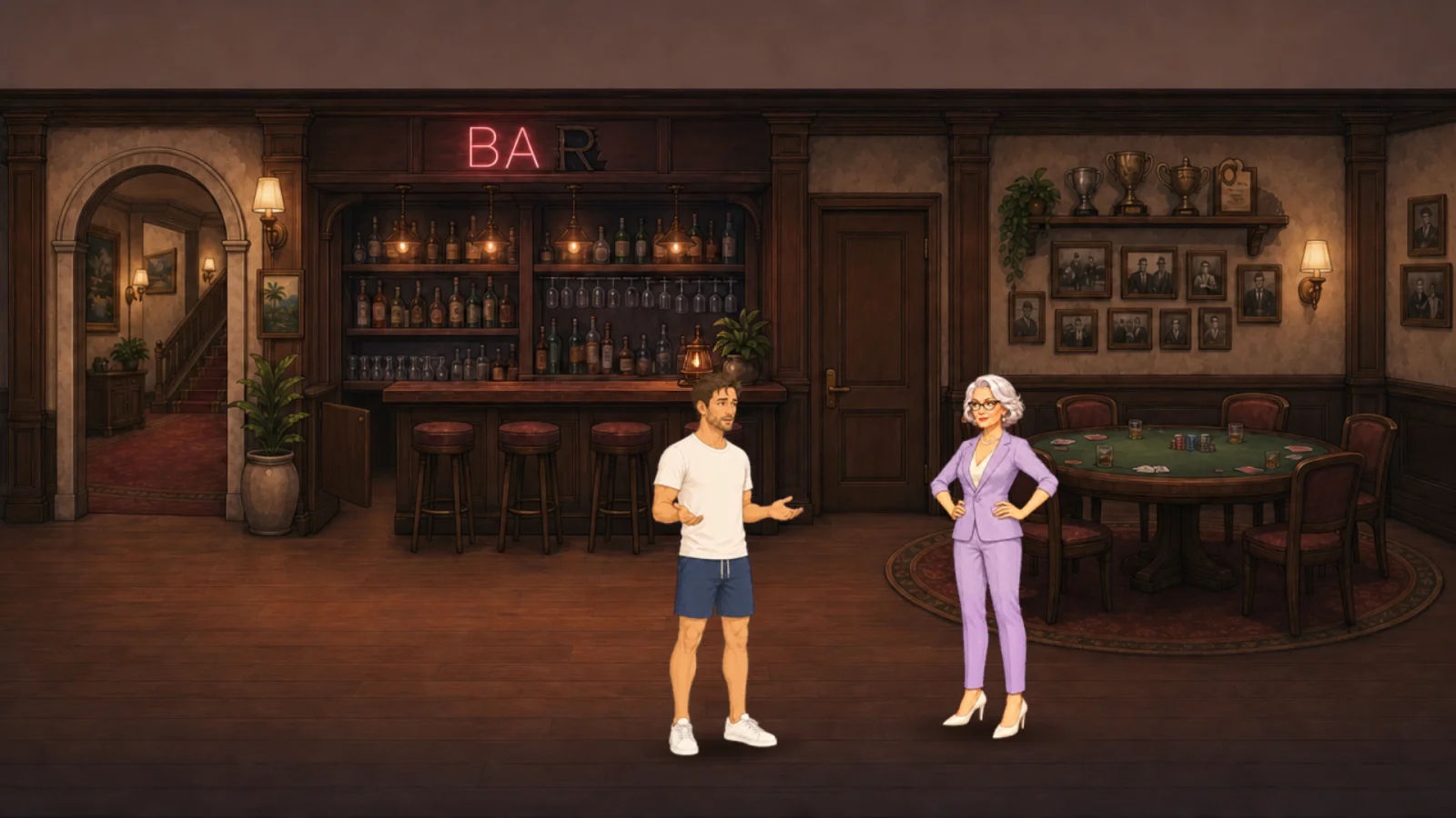 Tom and Helga talking in the wood-paneled hotel bar at night
