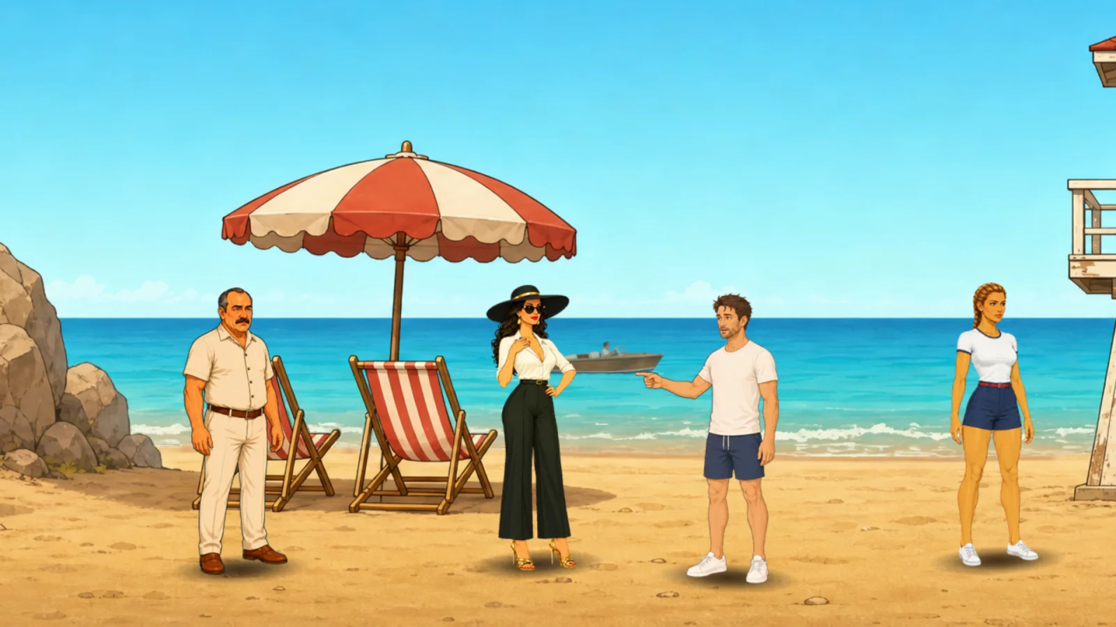 Tom speaking with Veronica on a sunny Mediterranean beach beside a striped parasol