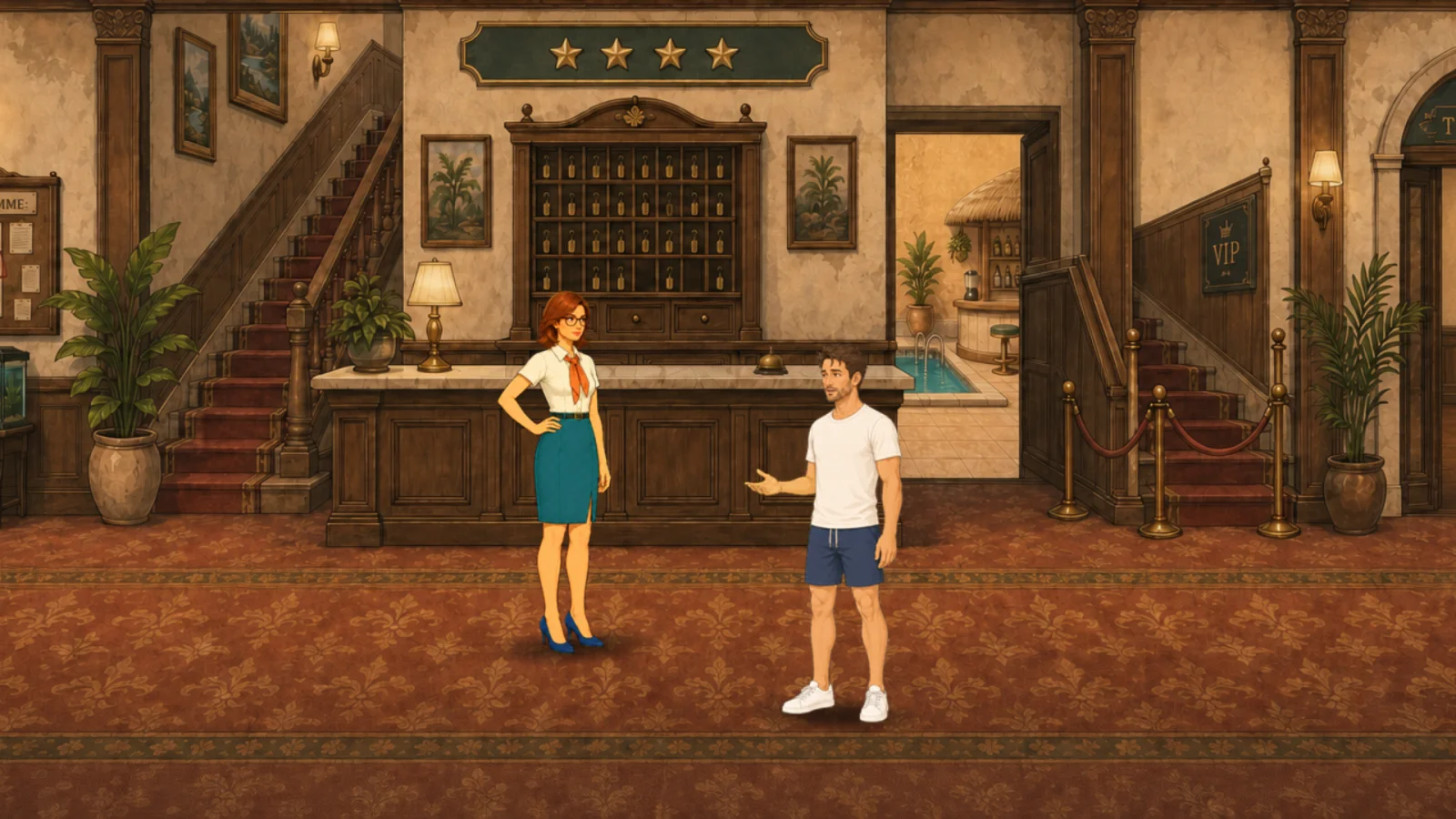 Tom talking with Lucia at the reception desk in Hotel Paradiso's ornate lobby