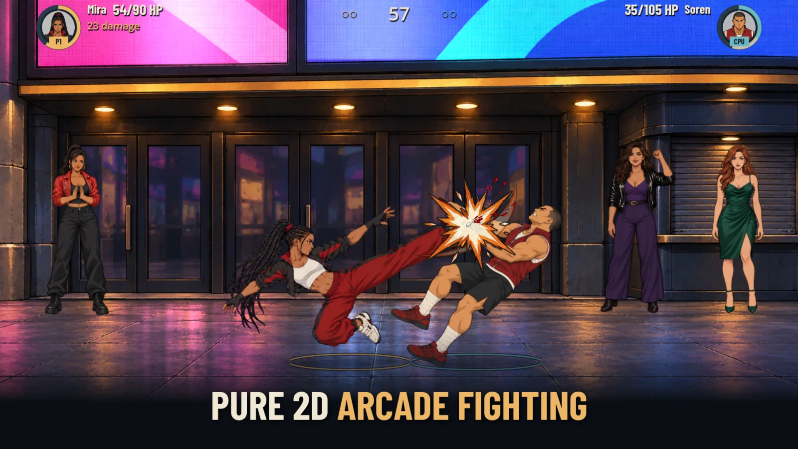 Mira launching a special attack against Soren beneath the neon signs of Times Square