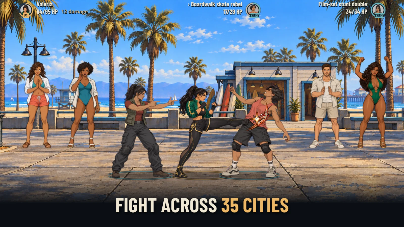 Valeria facing two opponents on a palm-lined Venice Beach promenade with spectators nearby