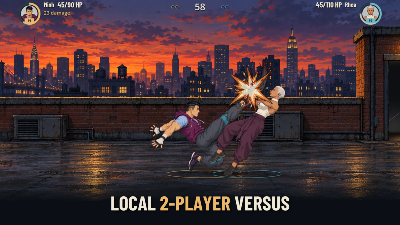 Minh and Rhea facing off in a local two-player match on a rooftop at sunset