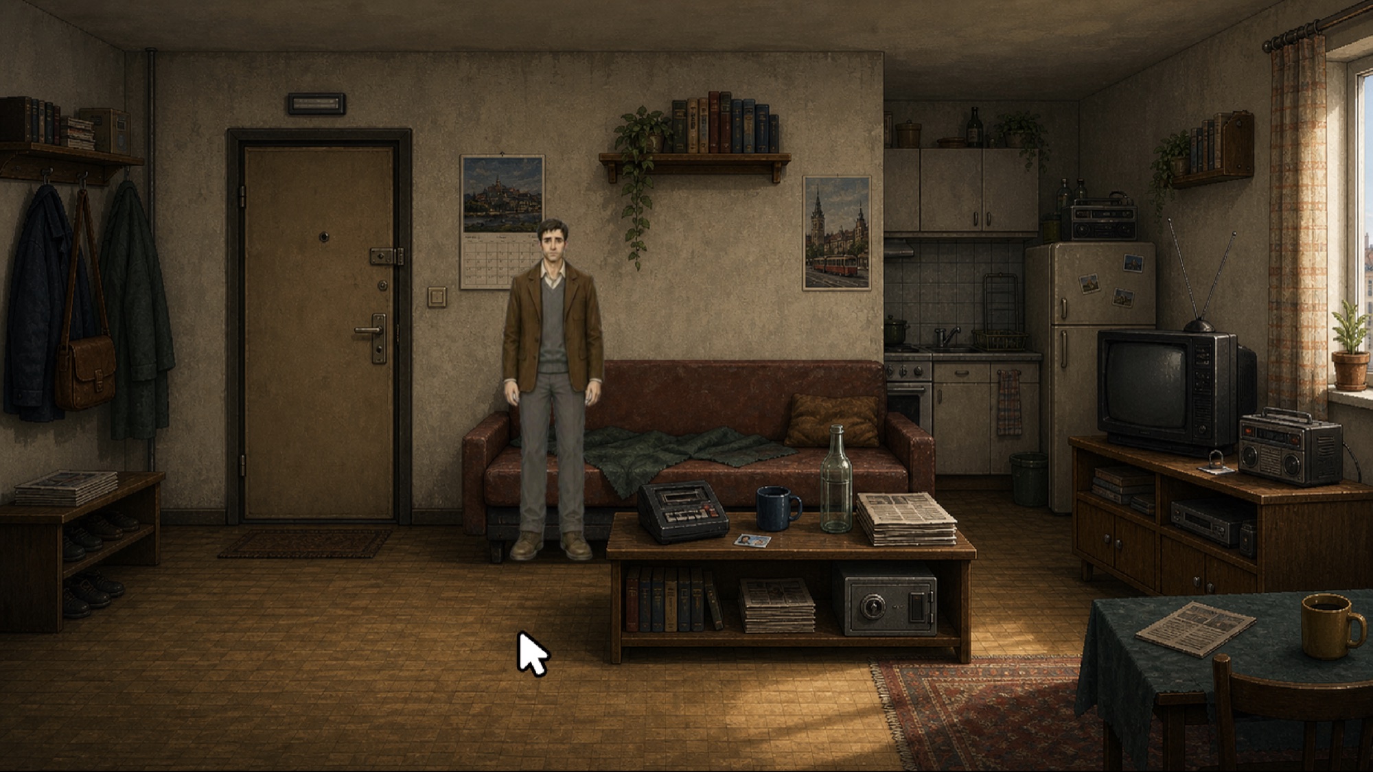 Marek examining a modest apartment