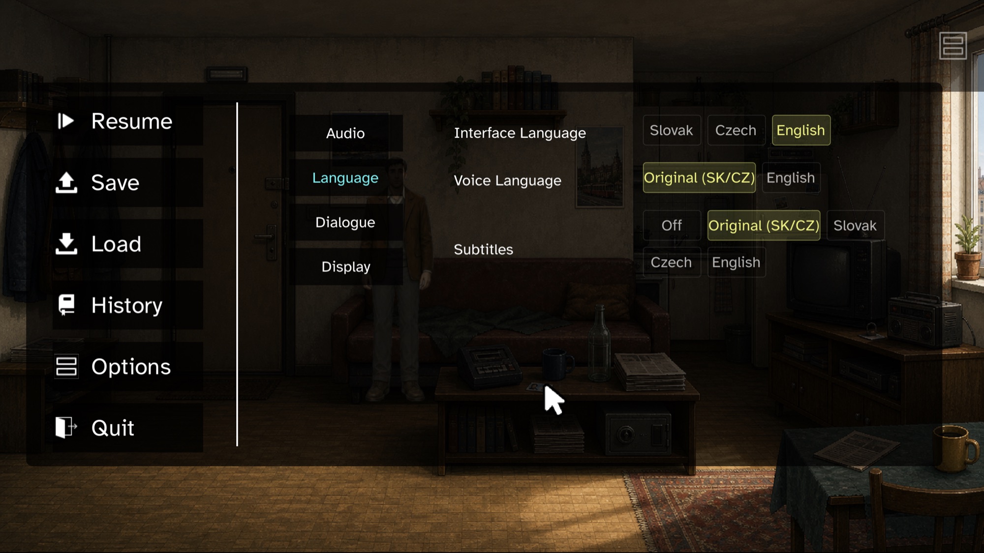 The game language menu with English, Czech, and Slovak options