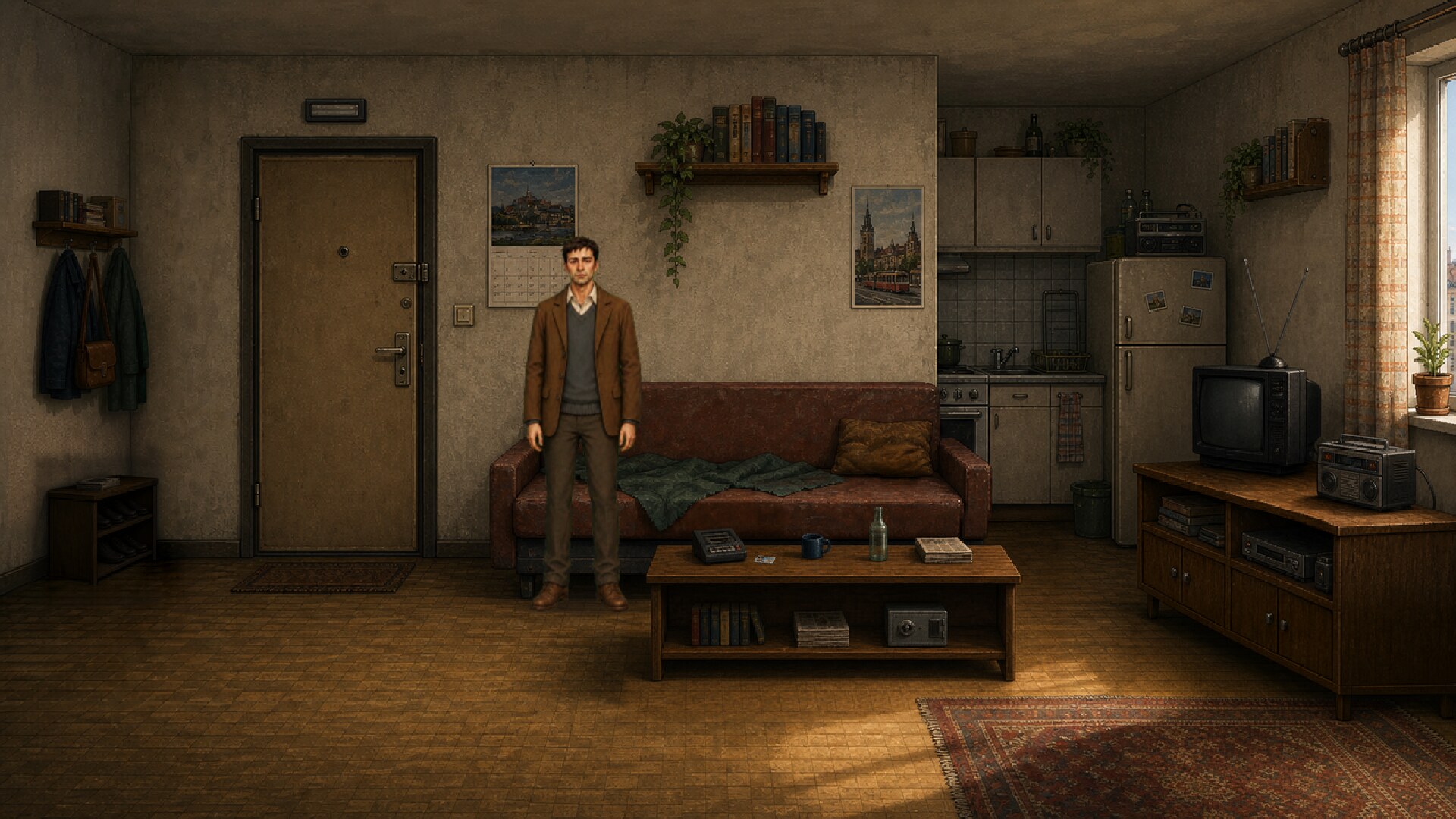 Marek standing in his modest apartment beside a sofa, television, and kitchenette