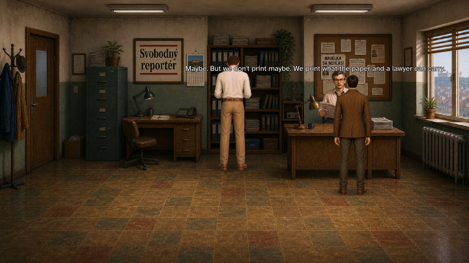 Marek speaking with editor Benda and a colleague in a small 1990s newsroom