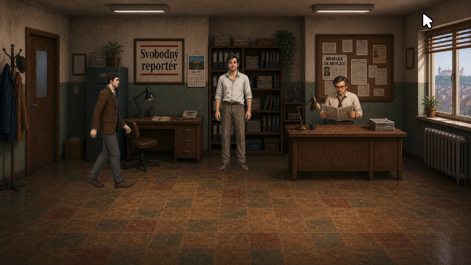 Marek talking with colleagues inside a small 1990s newsroom