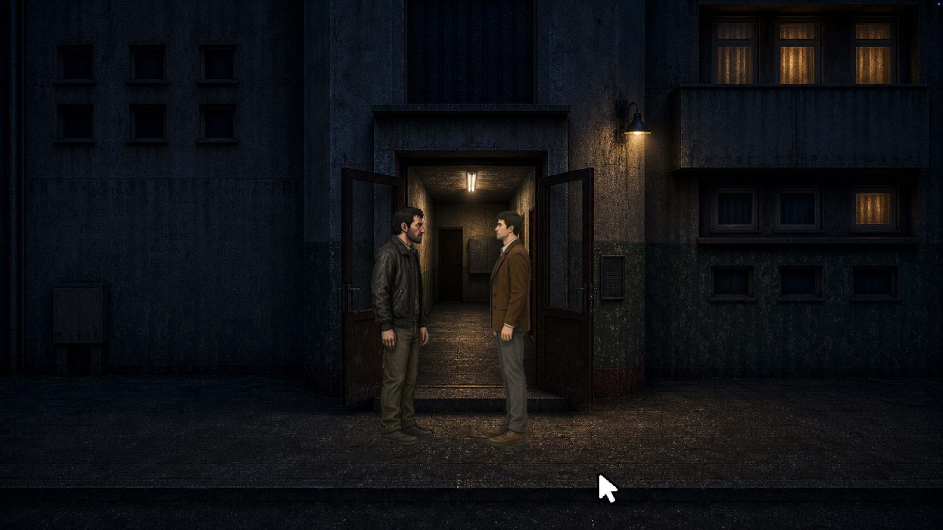 Marek investigating a dim hallway at night