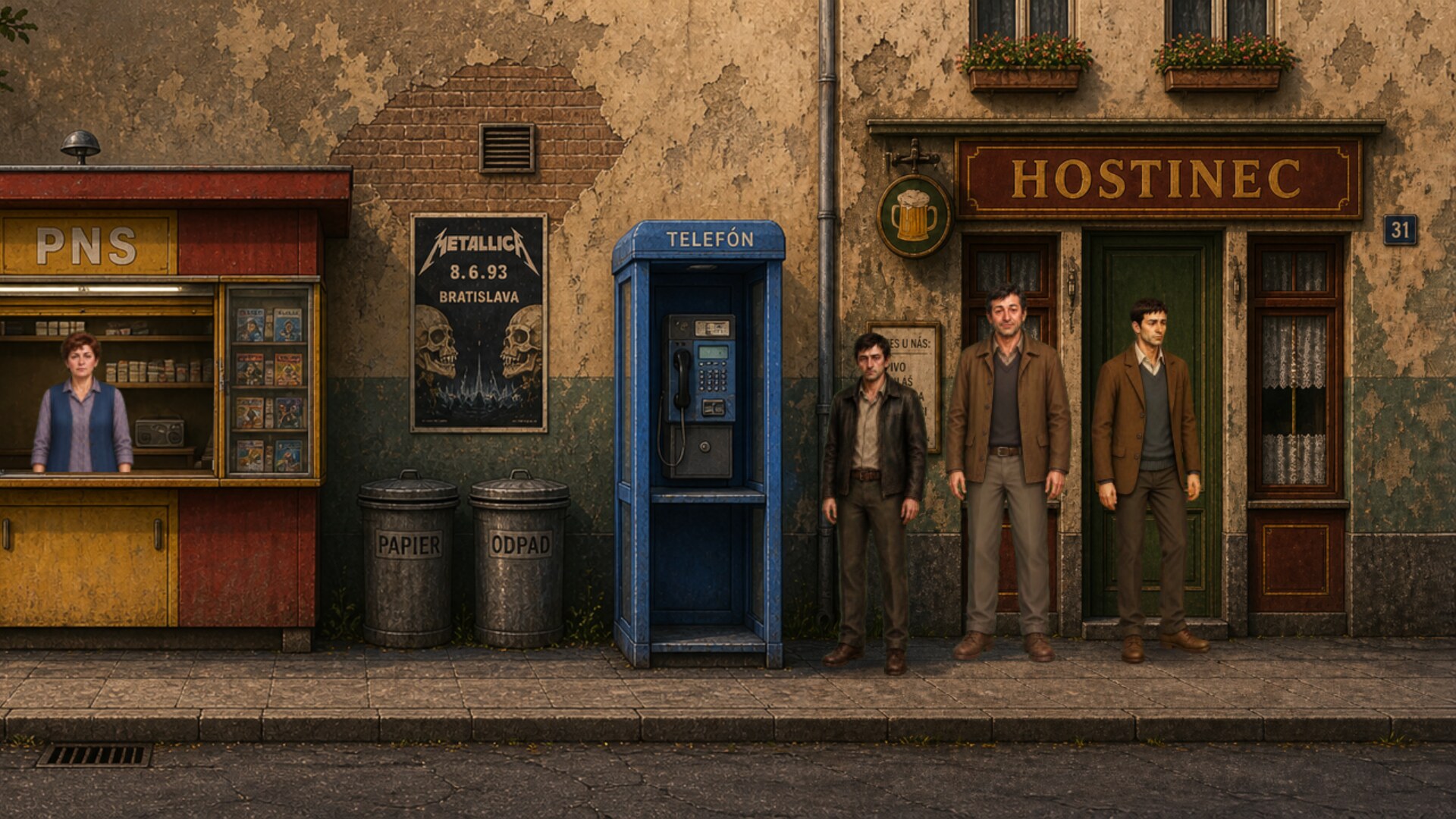 Marek standing with two men outside a neighborhood pub beside a PNS newsstand and telephone booth