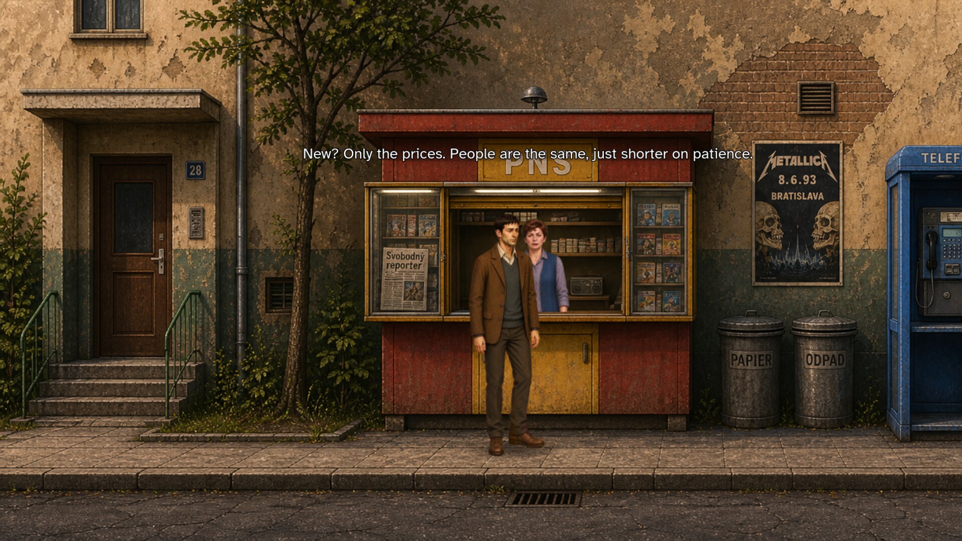 Marek speaking with a newspaper vendor at a PNS newsstand beside a blue telephone booth